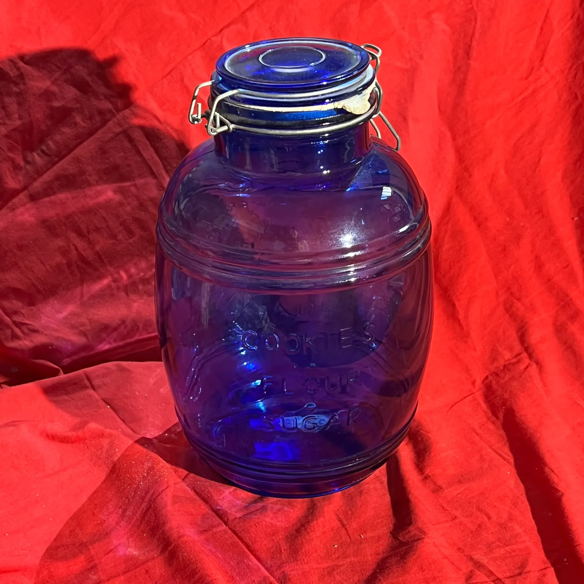 Grand bocal verre bleu avec couvercle – déco cuisine vintage