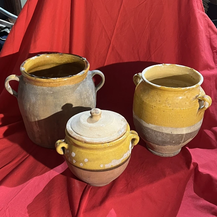 Pots en terre semi vernissée – lot de 3 déco vintage jaune moutarde