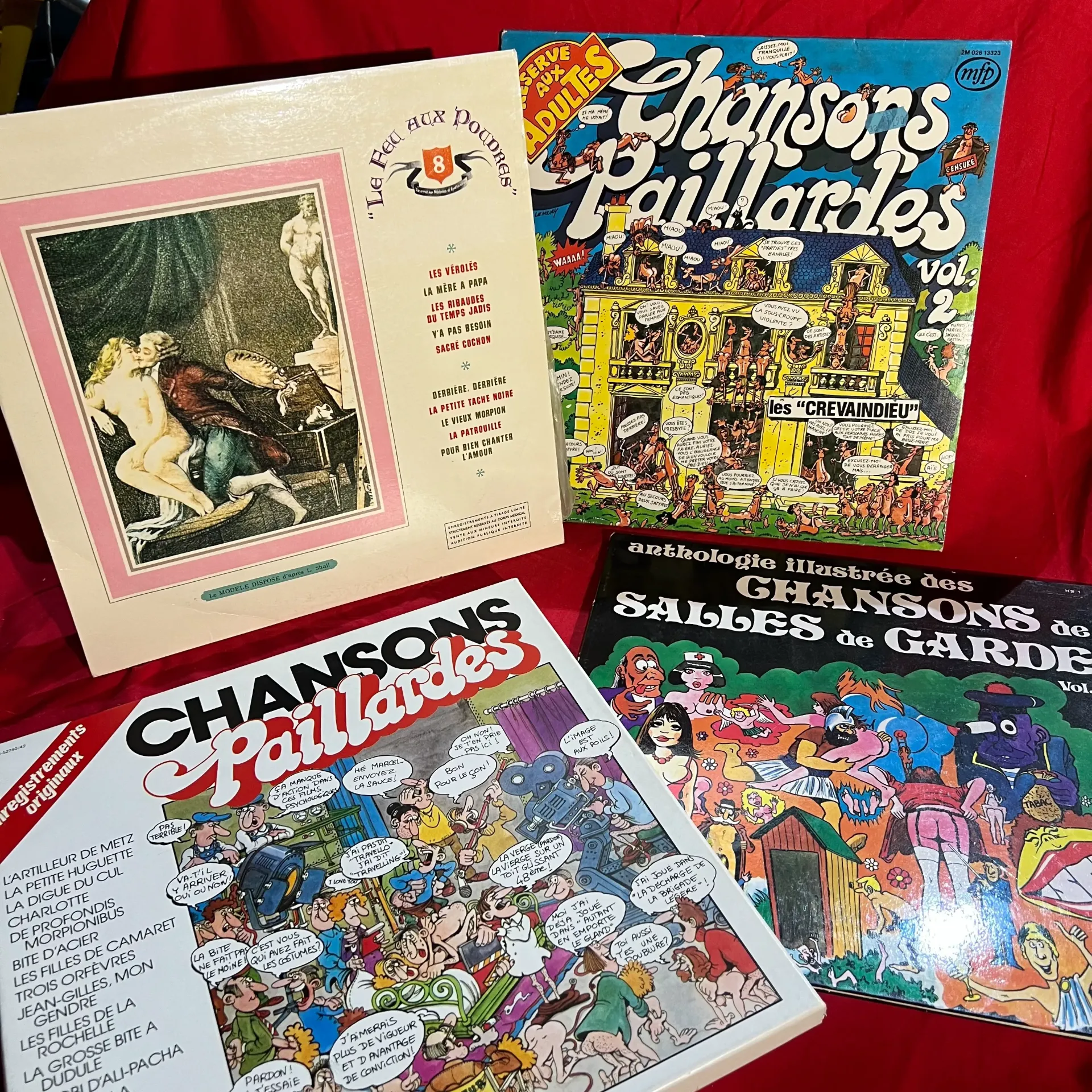 Lot 4 vinyles chansons paillardes 33T – humour adulte, salles de garde, crevaindieu