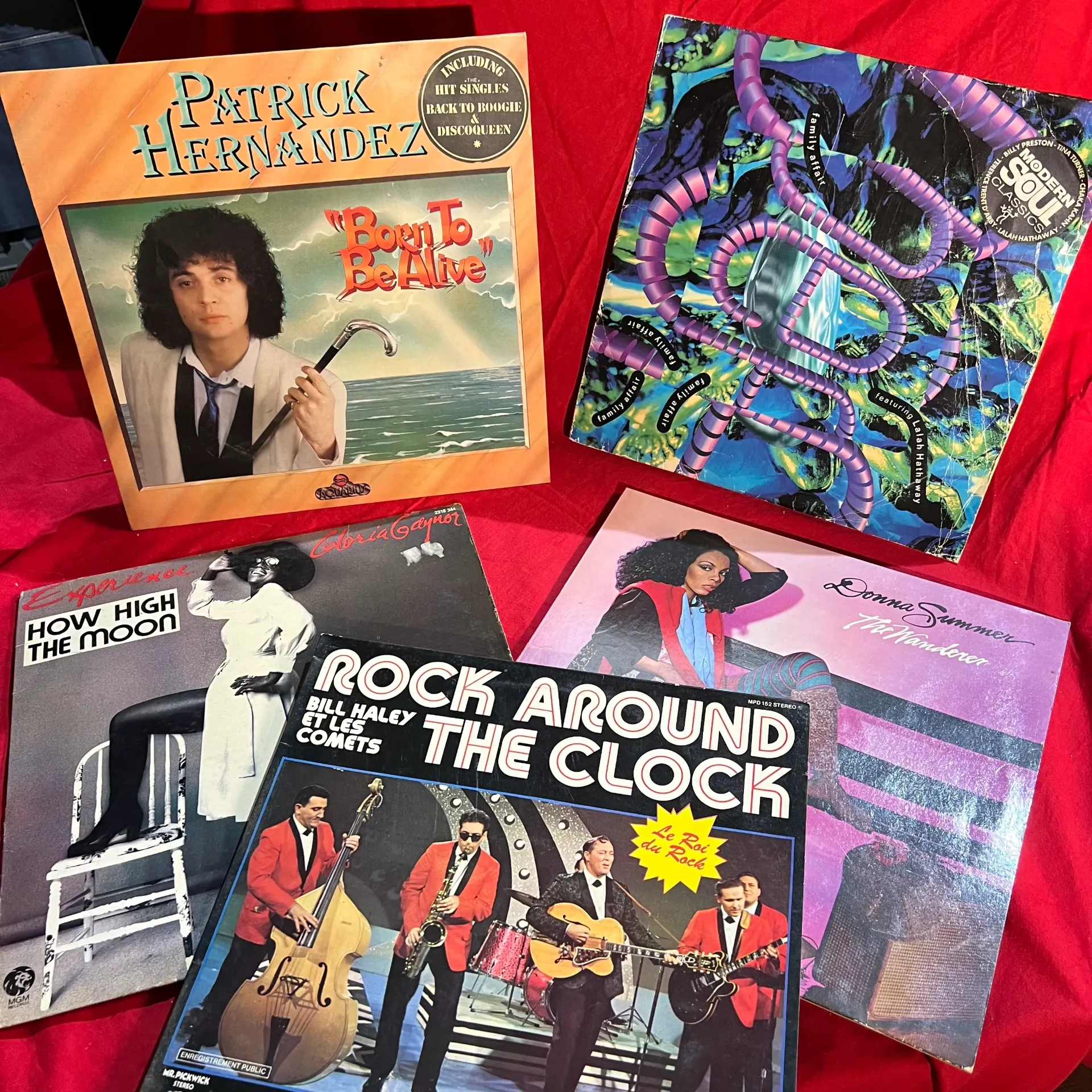 Lot 5 vinyles disco pop rock 33T – Donna Summer, Gloria Gaynor, Patrick Hernandez, Bill Haley