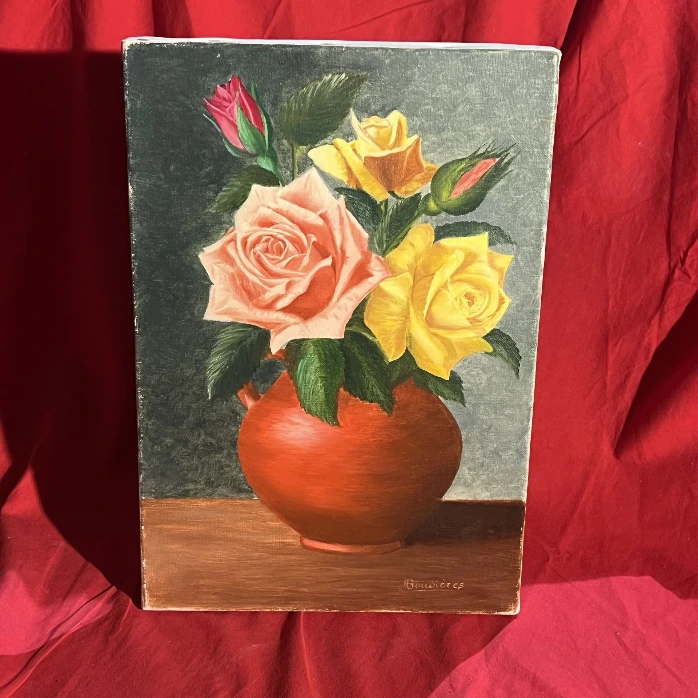 Tableau nature morte fleurs signé Boudières – peinture vintage
