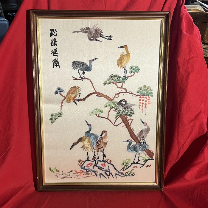Tableau japonais brodé – oiseaux et fleurs – déco asiatique