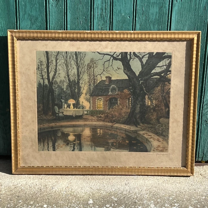 Tableau paysage maison au bord de l’eau – cadre doré vintage