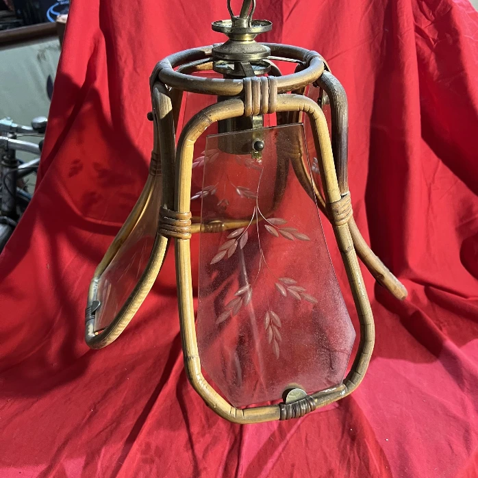 Suspension vintage verre et bambou lampe plafond déco