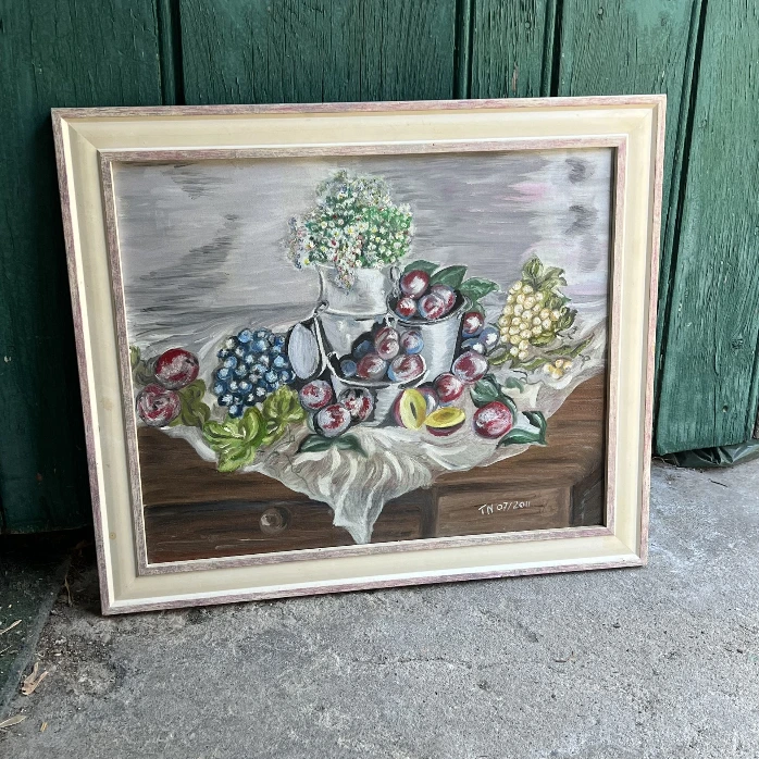 Peinture nature morte signée TN 2011 déco murale vintage