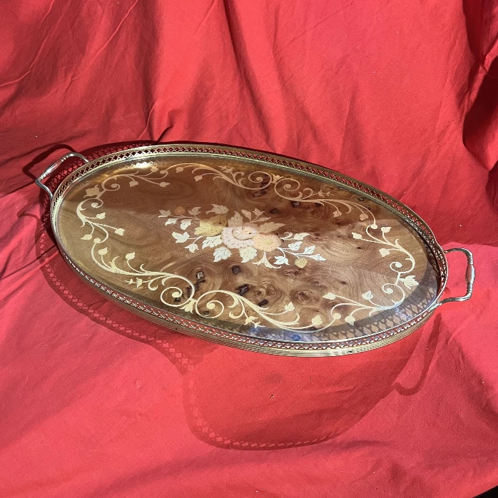 Plateau vintage marqueterie fleurs avec poignées